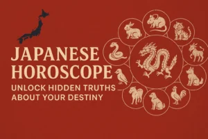 Traditional Japanese horoscope wheel featuring 12 zodiac animals with a red and gold background and text that reads "Unlock Hidden Truths About Your Destiny.