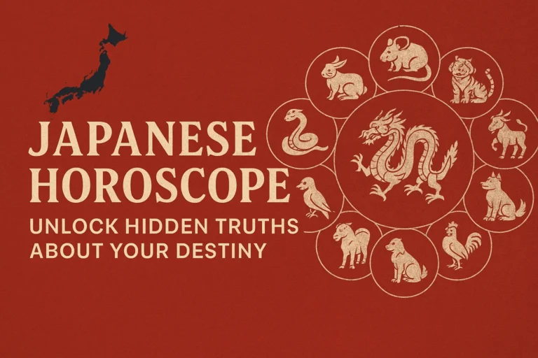 Traditional Japanese horoscope wheel featuring 12 zodiac animals with a red and gold background and text that reads "Unlock Hidden Truths About Your Destiny.