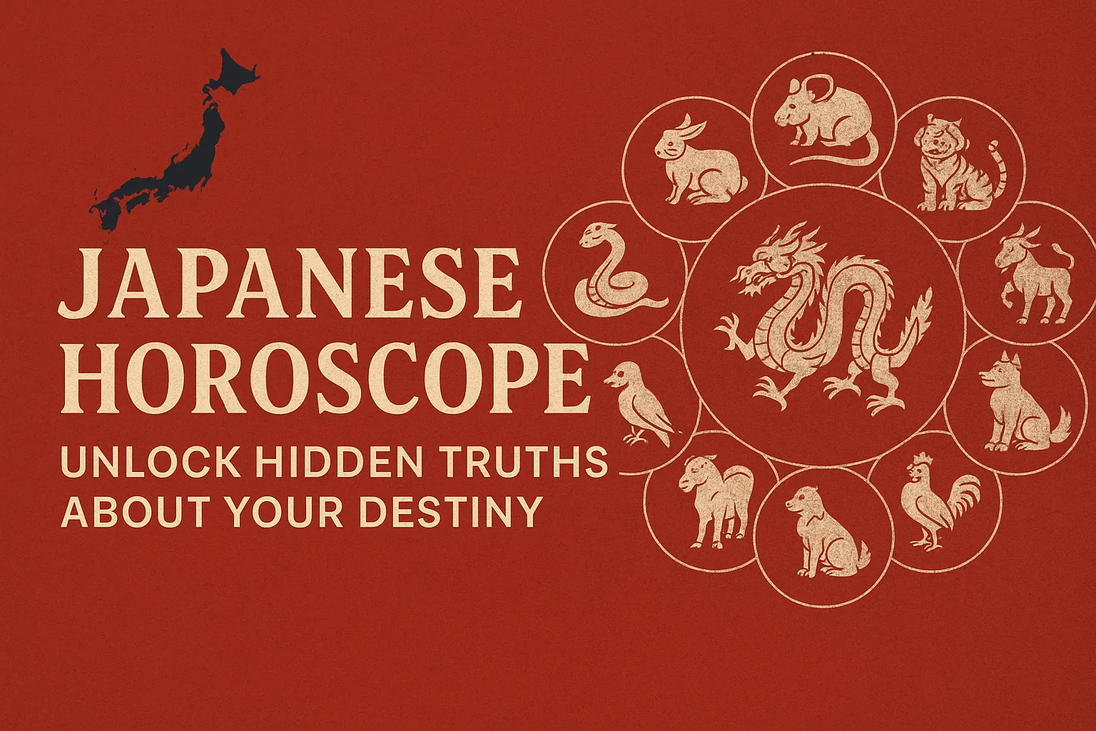 Traditional Japanese horoscope wheel featuring 12 zodiac animals with a red and gold background and text that reads "Unlock Hidden Truths About Your Destiny.