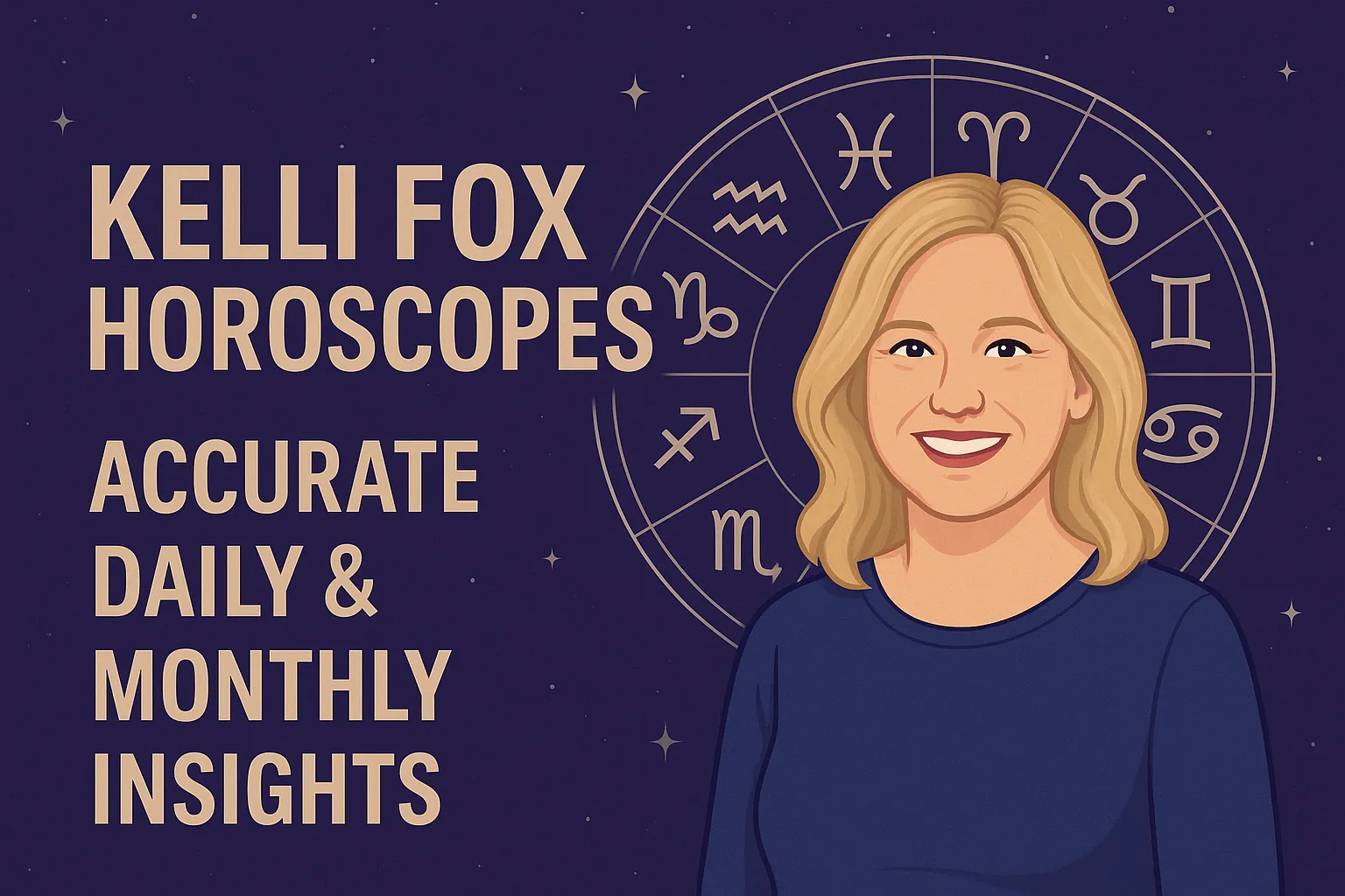 Illustration of Kelli Fox smiling beside zodiac symbols with bold text that reads “Kelli Fox Horoscopes – Accurate Daily & Monthly Insights” on a starry purple background.