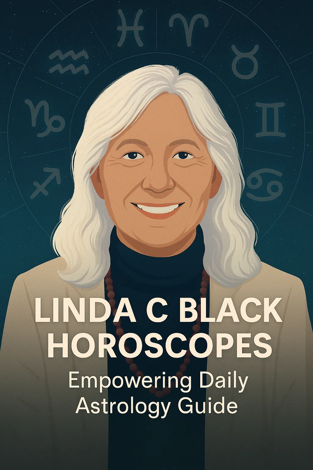Illustrated portrait of Linda C. Black with zodiac signs and astrology theme