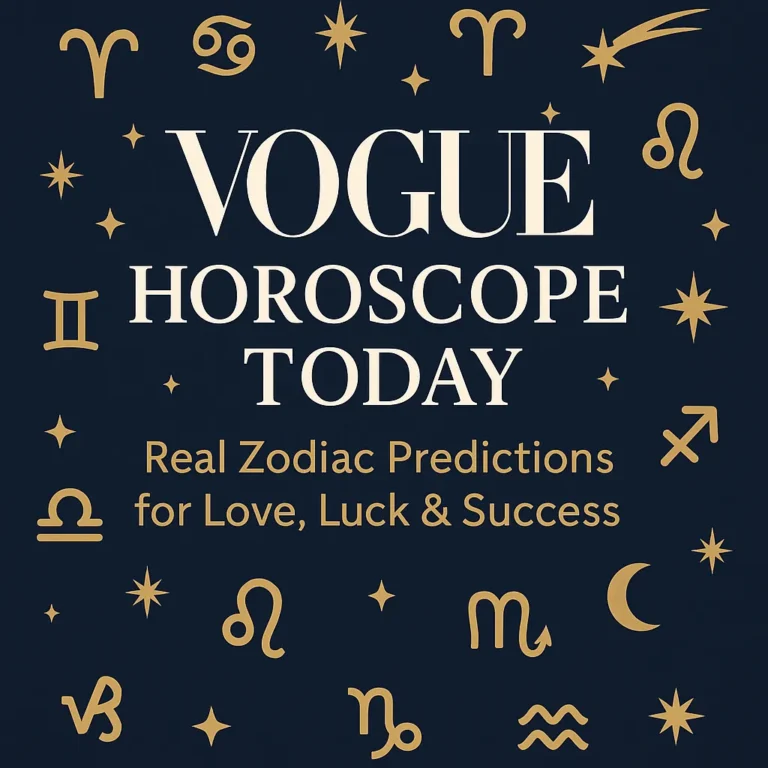 A visually appealing digital graphic showcasing “Vogue Horoscope Today” with zodiac signs, mystical celestial elements, and vibrant colors—designed to attract astrology enthusiasts seeking daily horoscope guidance.