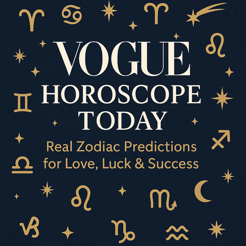 A visually appealing digital graphic showcasing “Vogue Horoscope Today” with zodiac signs, mystical celestial elements, and vibrant colors—designed to attract astrology enthusiasts seeking daily horoscope guidance.
