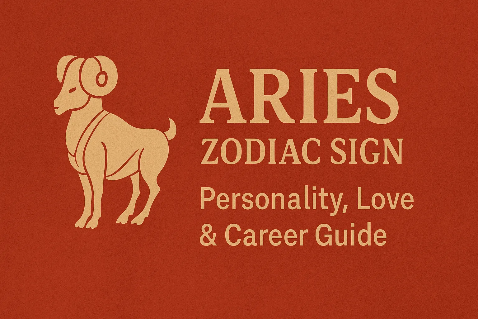 Illustration of an Aries zodiac ram icon with the title "Aries Zodiac Sign: Personality, Love & Career Guide" on a bold red-orange background, designed for Google Discover.