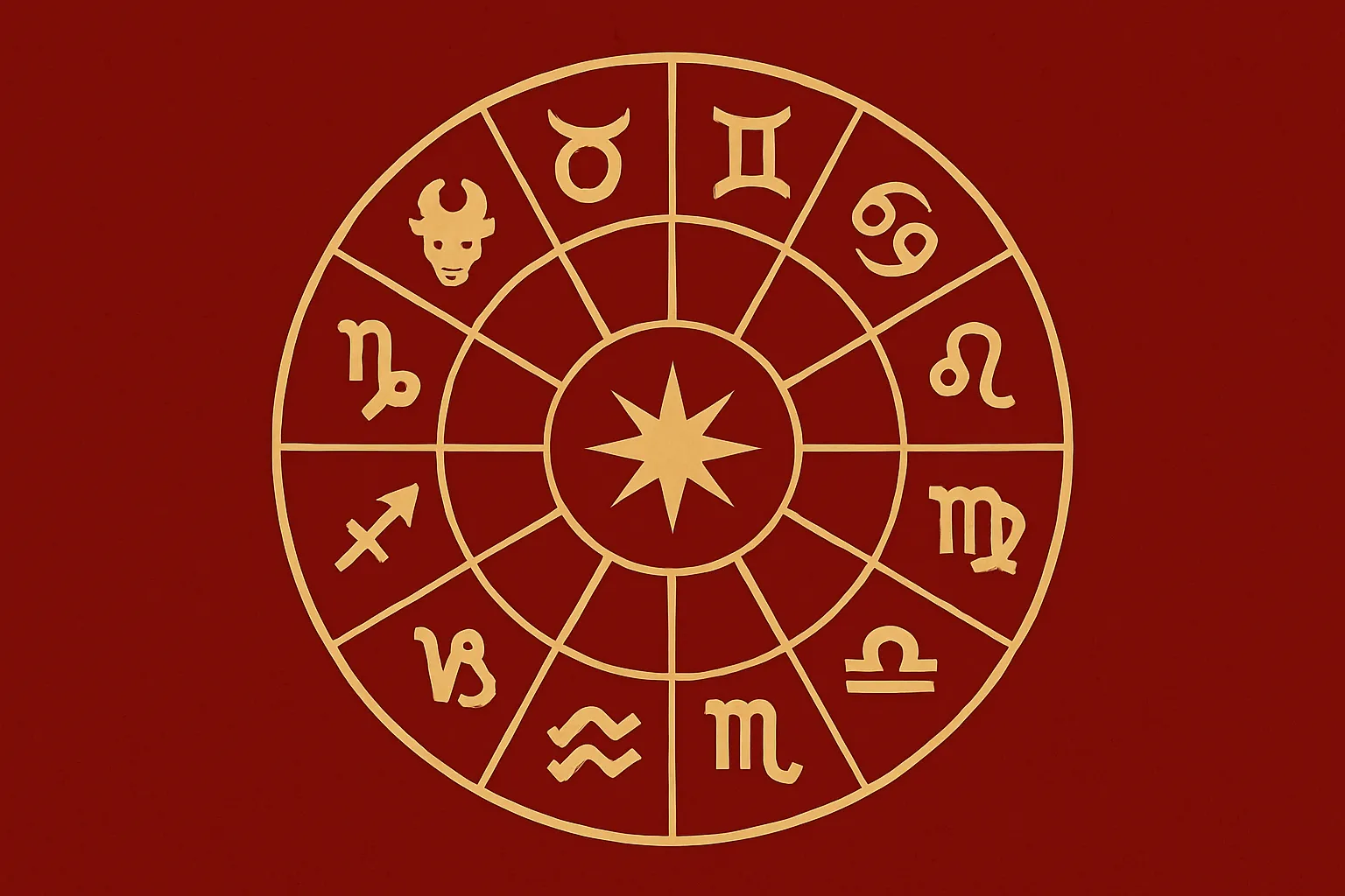 Golden zodiac wheel illustration on a red background showing all 12 astrological signs in a circular chart format